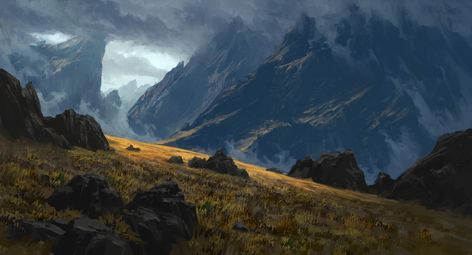 ArtStation - Cat is yelling at me_Fin, David Frasheski Fantasy Mountain Range, Fantasy Names, Name Generator, Environmental Art, Mountain Range, Plein Air, Digital Painting, Digital Illustration, Metal Posters