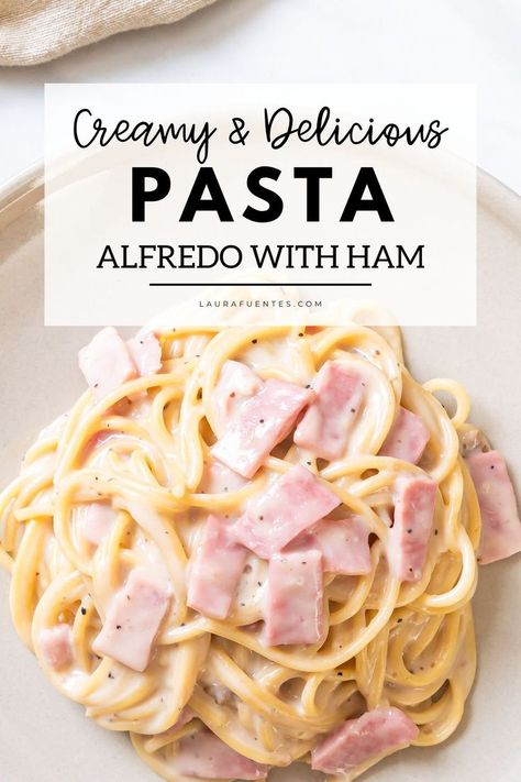 creamy alfredo with ham Ham Pasta Recipes, Ham And Cheese Pasta, Ham Pasta, Cream Sauce Pasta, Homemade Ham, Pasta Recipes Alfredo, Pasta Alfredo, Chopped Ham, Dinner Rotation