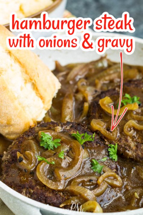 HAMBURGER STEAK WITH ONIONS AND BROWN GRAVY RECIPE > Hamburger Steak With Onions, Brown Gravy Recipe Easy, Hamburger Dinner, Steak With Onions, Hamburger Steak Recipes, Brown Gravy Recipe, Hamburger Steak And Gravy, Easy Gravy Recipe, Cowboy Casserole