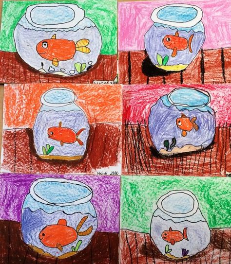 Fishbowls - Art Teacher in LA Fish Bowl Art, Square 1 Art, Grade 1 Art, Art Docent, Kindergarten Art Lessons, First Grade Art, Kindergarten Art Projects, Bowl Art, 2nd Grade Art