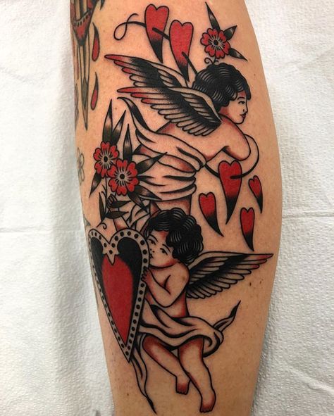 American Classic Tattoo, Traditional Tattoo Inspiration, Cherub Tattoo, Traditional Style Tattoo, Traditional Tattoo Sleeve, Red Ink Tattoos, Classic Tattoo, Leg Sleeve, Traditional Tattoos