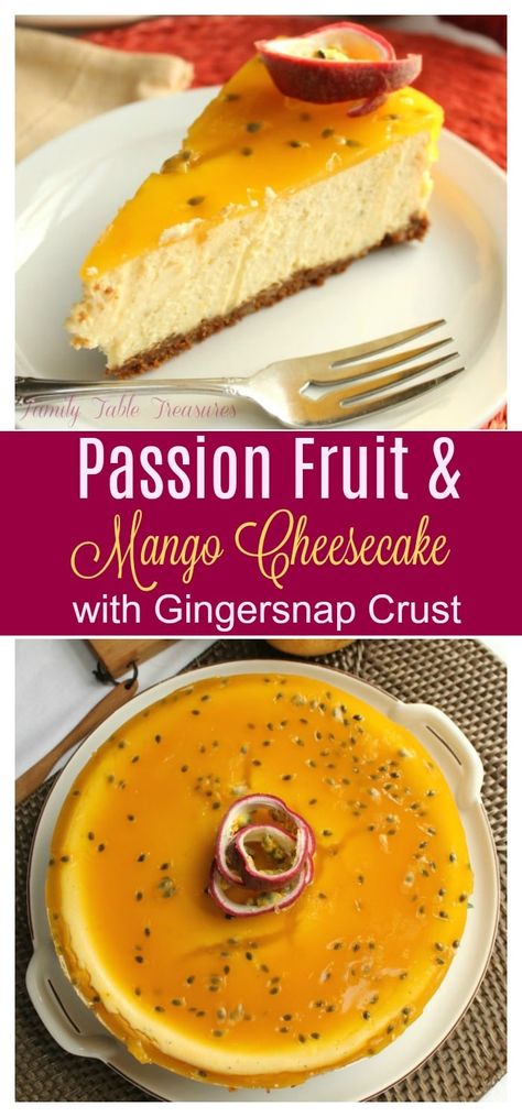 Passion Mango Cheesecake, Mango Passion Fruit Cheesecake, Tropical Cheesecake Recipes, Mango Topping For Cheesecake, Easy Mango Cheesecake, Light Fruit Desserts, Passion Fruit Cheesecake Recipe, Passion Fruit Dessert Ideas, Fruit Cheesecake Recipes