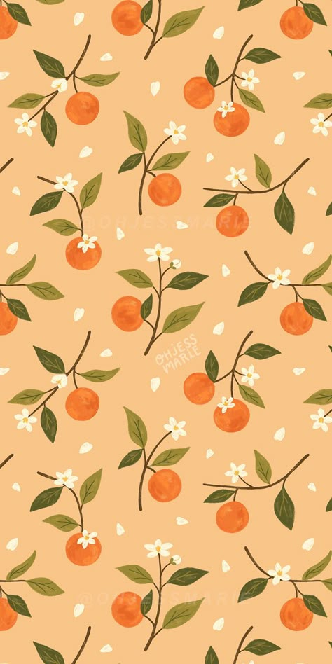 A cute print and pattern featuring digital illustrations of oranges on branches with leaves and orange blossoms. Kitchen decor | Oranges pattern | Botanical pattern | Home decor | Cute aesthetic pattern | Citrus art | Oranges art | Orange blossoms | Cute kitchen art | Surface design decor #pattern #surfacedesign #fruit Branches With Leaves, Affiches D'art Déco, Images Hello Kitty, Print And Pattern, Fruit Wallpaper, Simple Phone Wallpapers, Orange You Glad, Orange Wallpaper, Phone Wallpaper Patterns