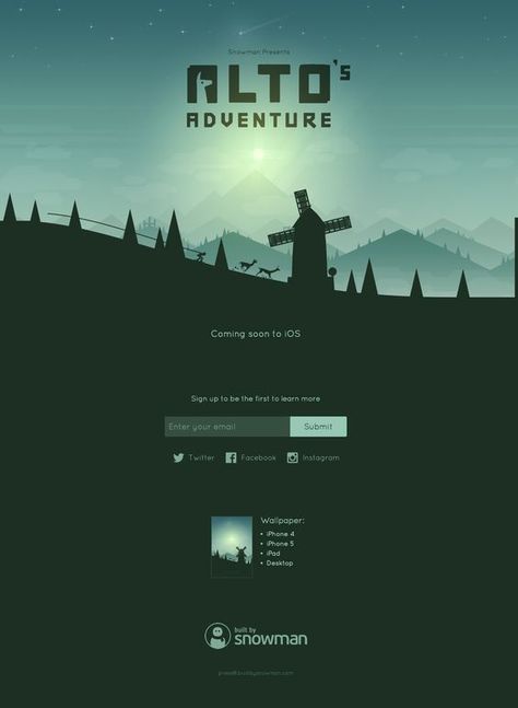 Launching soon page for upcoming iOS game 'Alto's Adventure'. Nice subtle… Alto Adventure, Tas Mini, Italo Disco, One Page Website, Illustration Ideas, Game Background, Book Design Layout, Web Inspiration, Instagram Wallpaper