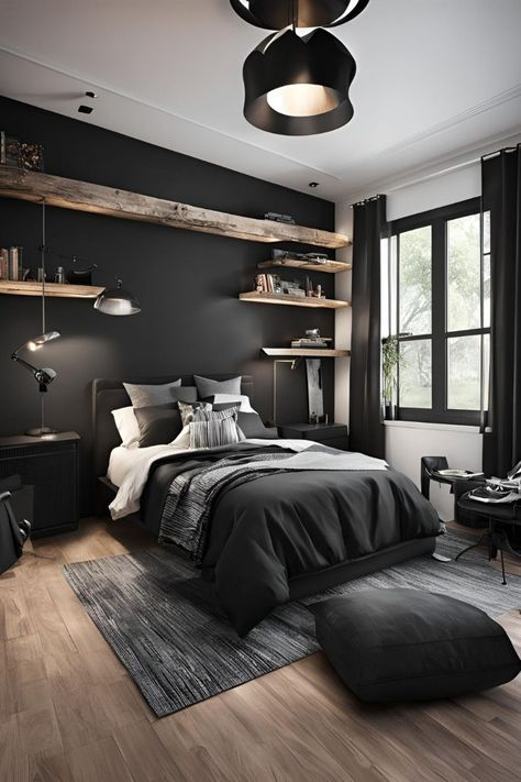 Modern Day Bedroom Ideas, Black Wall Bedroom Modern, Black Paint Bedroom Ideas, Modern Guys Bedroom Ideas, Dark Wall Room Ideas, Dark Loft Bedroom, Dark Grey Bed Ideas Color Combinations, Double Bedroom Ideas For Couples, Dark Wall In Bedroom