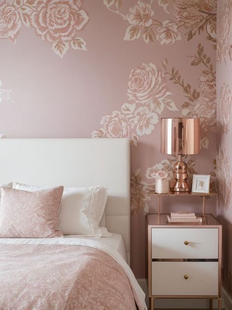 Liven up a mauve girls bedroom with a trendy accent wall. Try using removable wallpaper in a bold floral or geometric pattern for added style. Complete the look with modern white furniture and accents in gold or rose gold for a sophisticated touch. Mauve Girls Bedroom, Modern White Furniture, Gold Accents Bedroom, Soccer Themed Bedroom, Gold Paint Colors, White Modern Furniture, Gold Accent Wall, Rose Gold Painting, Flower Bedroom