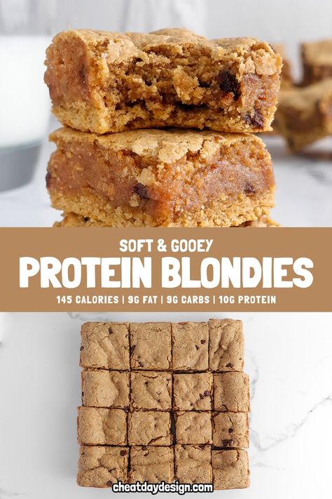 What's not to love about blondies? They are thick, soft, square cookies that can be enjoyed like brownies. But let's take it to the next level: let's make protein blondies with 10 grams of protein each and only 145 calories. Healthy Blondie Brownies, Lactose Free High Protein Recipes, High Protein And Carb Snacks, Protein Baked Goods Recipes, Peanut Butter Protein Brownies, Healthy Protein Baking, Macro Friendly Brownies, Air Fryer Protein Brownie, Low Calorie Blondies