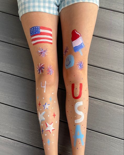 Things To Paint On Your Legs For Fourth Of July, Fourth Of July Paint Ideas, Usa Leg Paint Ideas, Usa Painted Jeans, Forth Of July Paint Ideas, Fourth Of July Leg Painting Ideas, Fourth Of July Tattoo Ideas, Forth Of July Leg Painting, Leg Painting Body Art 4th Of July