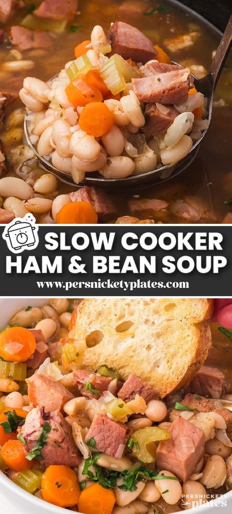 Slow cooker ham bean soup is made with a tasty combination of salty ham, buttery beans, and veggies slow-cooked in a savory, seasoned chicken broth. It's loaded with protein and fiber, so it's filling, satisfying, and delicious! Easter Crockpot, Black Eyed Peas Recipe Crock Pot, Crockpot Ham And Beans, Ham And Bean, Crockpot Ham, Slow Cooker Ham, Ham And Beans, Ham And Bean Soup, Bean Soup Recipes