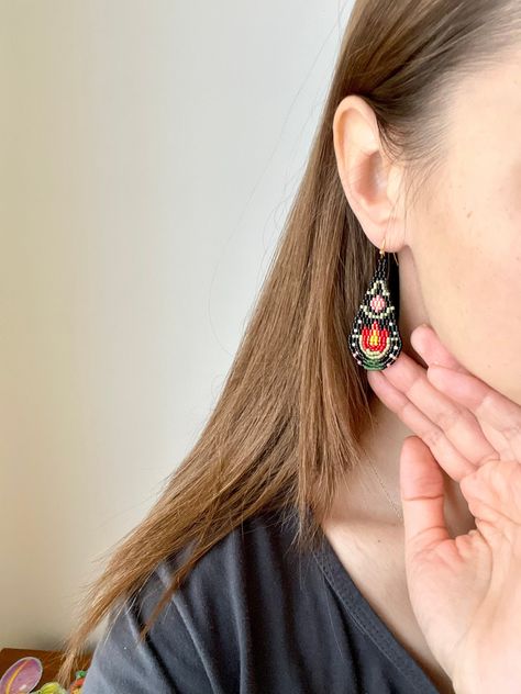 Excited to share this item from my #etsy shop: Black folk flower beaded earrings, folk flower, teardrop beaded earrings, Miyuki beaded earrings, handwoven earrings, folklore earrings, Flower Beaded Earrings, Handwoven Earrings, Fancy Outfit, Miyuki Delica Beads, Botanical Earrings, Gothic Earrings, Art Earrings, Daisy Earrings, Teardrop Beads