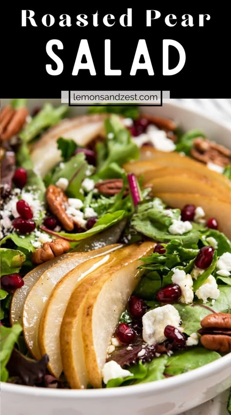 A fresh, simple salad everyone will love. This Roasted Pear Salad with a simple white balsamic dressing is full of flavor, crunchy pecans and pairs well with any dinner. Add grilled chicken or salmon on top for a full meal! White Balsamic Dressing, Roasted Pear Salad, Pear Salad Recipes, Roasted Pear, White Balsamic, Fresh Salad Recipes, Pecan Salad, Salad Dressing Recipes Homemade, Pear Salad