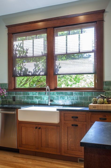 Stained Wood Kitchen Cabinets with Apron Front Sink, Green Subway Tile, Stained Fir Window Trim, Soapstone Countertops California Craftsman Kitchen, Arts And Crafts Kitchen Cabinets, Traditional Craftsman Kitchen, Kitchen Design Craftsman, Craftsman Kitchen Floor, Modern Craftsman Interior Kitchen, Craftsman Home Kitchen, 1920s Craftsman Kitchen, Craftsman Bungalows Interior