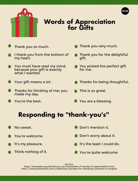 Words of Appreciation for Gifts / Responding to "thank-you's" - Ways to say "thank you" and "you're welcome" Words To Say Instead Of Thank You, Different Ways Of Saying Thank You, Responding To Thank You, Ways To Say Your Welcome, Synonyms For Thank You, Thank You For The Gifts Words, Response To Thank You, How To Say Your Welcome, Ways To Say Thank You For Compliments