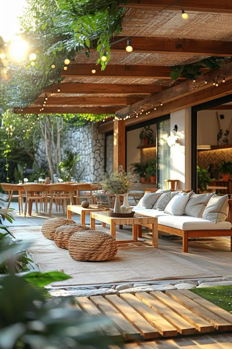 Barbecue Backyard Ideas, Covered Terrace, Patio Living Room, Yard Cover Ideas, Full Length Covered Back Porch, Exposed Beams Outdoor Patio, Seating Outdoor, Pergola Porch, Outdoor Covered Seating Area