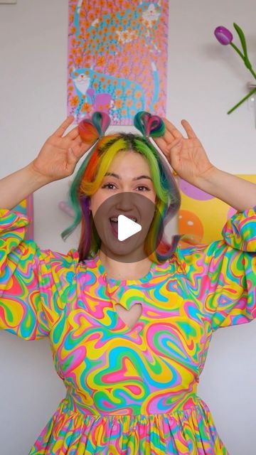 DOWK ��🌈 DOPAMINE DRESSING on Instagram: "😍 OBSESSED with these heart-shaped space buns to match the new Beau dress complete with the rainbow swirls print and a heart cut out! 🌈 did someone say on theme? 🩷 #viralhairstyles #hair #rainbowhair #beauty #heartbun" Dopamine Dressing, Space Buns, Heart Cut Out, Rainbow Swirl, I Feel Pretty, Feel Pretty, Rainbow Hair, The Rainbow, Buns