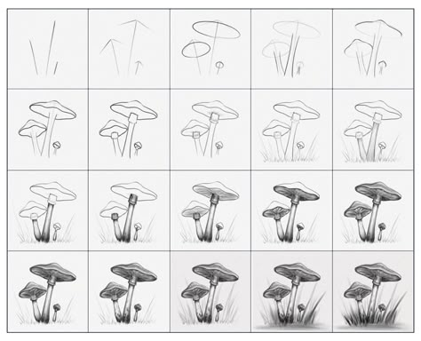 Zentangle Patterns Step By Step Mushrooms, Mushroom Step By Step Drawing, How To Doodle Mushrooms, Mushroom How To Draw, Mushroom Doodle Step By Step, Drawing Mushrooms Step By Step, Mushroom Tutorial Drawing, Drawing Mushrooms Easy, How To Draw Plants Step By Step