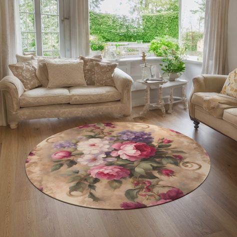 ~PLEASE READ FULL ITEM DESCRIPTION PRIOR TO PLACING ORDER~ Add a touch of timeless elegance to your space with this Victorian Rose Area Rug. Featuring a baroque-inspired floral design in soft shades of beige, pink, and lavender, this vintage rose floor mat captures the essence of shabby chic charm. Crafted from durable polyester chenille fabric with hemmed edges, it measures 5 feet in diameter--ideal for any room or covered patio. Whether you're styling a country farmhouse, Victorian, or shabby Victorian Rug, Shabby Chic Aesthetic, Country Cottage Farmhouse, Shabby Chic Rug, Floral Area Rug, Cottage Farmhouse, Distressed Furniture, Shades Of Beige, Floral Area Rugs