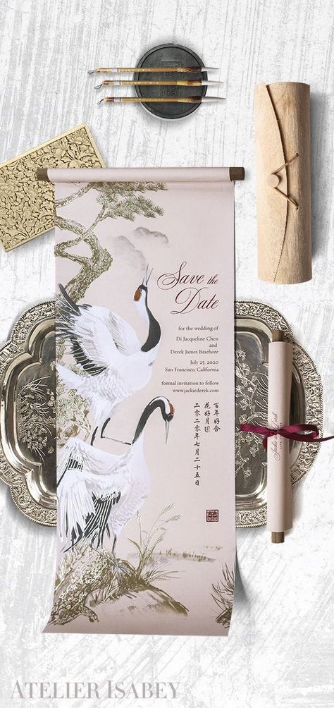 Drawing inspiration from the timeless elegance of Chinese scrolls, we designed a unique save-the-date that pays homage to the couple's rich heritage.  Adorned with the revered red-crowned crane, a symbol of enduring love and a life together brimming with happiness  
.#WeddingInvitations #DIYWedding #WeddingStationery #WeddingInspiration #WeddingPlanning Japanese Wedding Invitation Design, Chinese Invitation Design, Japanese Invitation Card, Chinese Invitation Wedding, Modern Chinese Wedding Invitation, Japanese Invitation Design, Korean Wedding Invitation, Wedding Invitations Chinese, Japanese Wedding Invitation