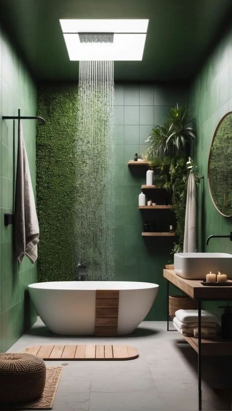 Bathroom With Green Ceiling, Bathroom Nature Theme, Green Aesthetic Bathroom, Chill Bathroom, Green Bathroom Aesthetic, Nature Bathroom, Nature Inspired Bathroom, Modern Bathroom Wall Art, Windowless Bathroom