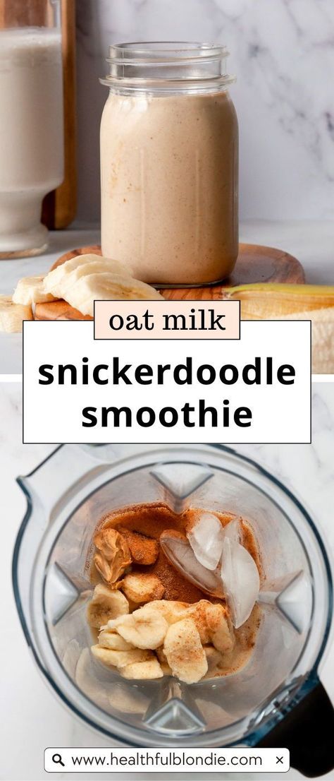 This creamy dairy free smoothie with oat milk tastes like a Snickerdoodle, but it's healthy! It's made with just a handful of ingredients: banana, peanut butter, cinnamon, and oat milk. This snickerdoodle smoothie is the perfect breakfast smoothie, snack, or healthy dessert. Smoothie Recipes Cinnamon, Oat Smoothie Recipes Healthy, Oat Milk Drink Recipes, Smoothies With Oat Milk, Smoothies With Coconut Milk, Oat Smoothie Recipes, Dairy Free Smoothie Recipes, Snickerdoodle Smoothie, Cinnamon Smoothie Recipes