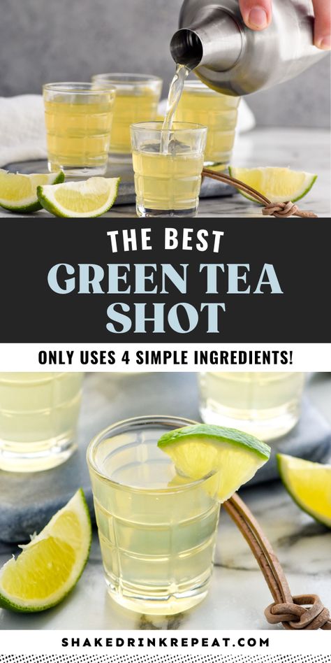 Green Tea Shots Recipes, Shots Alcohol Recipes, Bartender Recipes, Cocktail Drinks Alcoholic, Cocktail Shots, Shots Alcohol, Best Green Tea, Yummy Alcoholic Drinks, Sour Mix