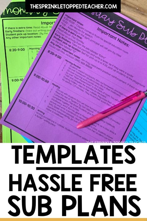 Substitute teacher plans that are hassle free! Feel like it is harder to create sub plans than it is to just teach sick? Substitute plans do not have to take forever to complete! I finally came up with something that worked. It worked for me, the sub, and the students. Head over to The Sprinkle Topped Teacher blog to see how I create my sup plans in 20 minutes! |Substitute teacher plans | Substitute teacher plans template | Substitute teacher lesson plans | #classroom #teacherlife #teaching Substitute Plans Template, Lesson Plans Template, Substitute Teacher Lesson Plans, Substitute Teacher Plans, Teacher Lesson Plans Template, Substitute Plans, Writing Lesson Plans, Elementary Lesson Plans, Back To School Night