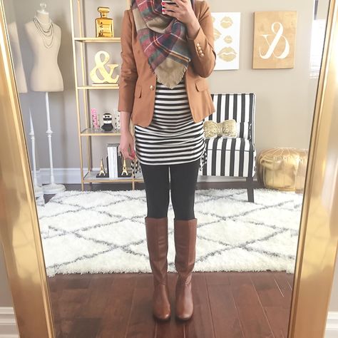 StylishPetite.com | Striped tee, camel schoolboy blazer, leggings, cognac riding boots, plaid blanket scarf, petite maternity outfit, fall outfit, pregnant Parisian Stripes, Prego Outfits, Pregnant Outfit, Pregnant Outfits, Outfits For Petite, Winter Maternity Outfits, Baby Bump Style, Stylish Petite, Preggo Fashion