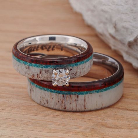 Turquoise, Koa, Antler, and Diamond Stone Forge Studios - Etsy Native Wedding Rings, Western Wedding Rings With Turquoise, Country Wedding Rings, Western Wedding Rings, Antler Wedding Rings, Turquoise Ring Engagement, Opal Solitaire Ring, Antler Ring, Cute Engagement Rings