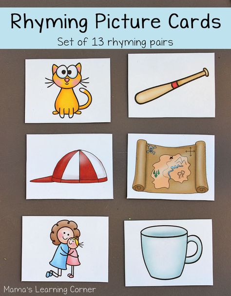 Download a set of rhyming picture cards for your early reader! Several suggestions for use included! Rhyming Picture Cards, Rhyming Games, Rhyming Pictures, Learning Corner, Rhyming Activities, Preschool Literacy, Phonological Awareness, Teaching Literacy, Rhyming Words