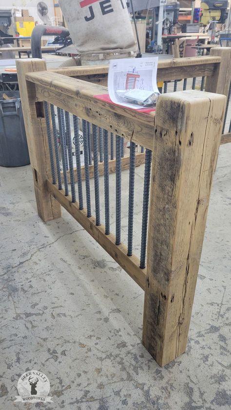 Reclaimed Railing, Barnwood Stair Railing Section With Re-bar Balusters, Custom Salvaged Wood Railing With Balusters and Newel Posts - Etsy Craftsman Railings For Stairs, Staircase Railing Design Wooden, Wood Banisters And Railings, Rebar Railing, Cowboy Cottage, Banister Ideas, Wood Banister, Farmhouse Stairs, Loft Railing