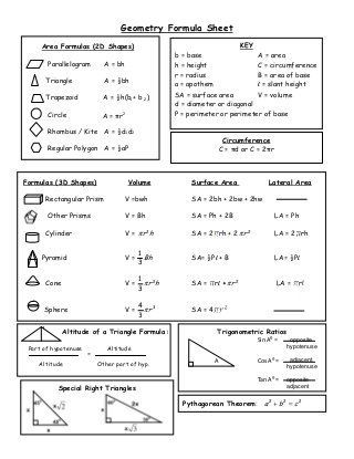 Geometry Cheat Sheet, Math Formula Sheet, Formula Sheet, Geometry Notes, Math Cheat Sheet, Math Formula Chart, Area Formula, Geometry Formulas, Geometry High School