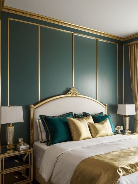 Create a luxurious art deco vibe in your bedroom by painting the walls in rich jewel tones like emerald green or sapphire blue. Add glamorous touches with gold accents, such as a gilded mirror or metallic bedding, for a truly opulent feel. Blue Tone Bedroom, Turquoise And Gold Bedroom, Jewel Tone Accents, Jewel Tone Bedroom, Jewel Tone Decor, Bedroom Paint Ideas, Art Deco Elements, Patterned Wallpaper, Gilded Mirror