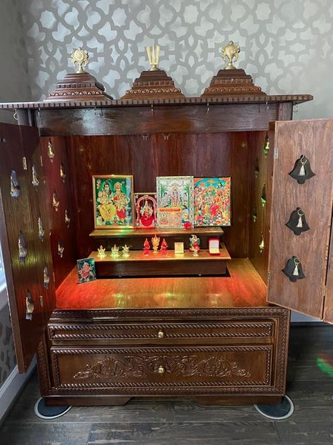 48" Closed Door Pooja Mandir- 3 Roof w/ Sangu Chakram Namam - Buy Pooja Mandir, Altar, Jhula, Temple Chariots Safety Doors, Wooden Temple For Home, Mandir Designs, Single Door Wardrobe, Simple Kitchen Cabinets, Wooden Temple, Mandir Design, Temple Design For Home, Pooja Mandir