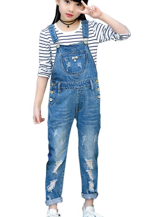 PRICES MAY VARY. 100% Cotton Imported Adjustable closure Machine Wash SIZE: Suit for kids aged 3-14 Years, US size 4,5,6,8,10,12. Please refer to the Size Chart. Material: Made of high-quality Cotton Denim, Soft, and Breathable. Three-button openings at the side, distressed details at the thigh and back pockets, adjustable shoulder straps Great to match with any casual and formal outfit, suitable for outdoor, vacation or daily wear. Machine or hand wash cold / Tumble dry low heat. WHY CHOOSE US: Jeans Romper, Overalls Blue, Distressed Overalls, Kids Overalls, Girls Overalls, Jeans Overall, Rompers Online, Jeans Outfit Summer, Jeans Outfit Casual