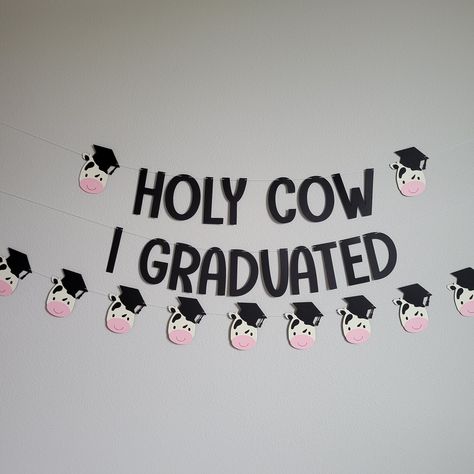 "Prepare to be delighted, these cute Cow graduation decorations are the perfect addition to your party!  --- OPTIONS --- > Holy Cow I Graduated:  Will contain the phrase \"HOLY COW I GRADUATED\" along with 2 cows wearing graduation caps.  The banner measures approximately 4' long as pictured.   > Custom (with number of letters):  Will contain your custom message containing your custom phrase only along with 2 cows wearing graduation caps.  Please be sure to leave a note to seller at checkout wit Farm Graduation Party, Cow Print And Sunflower Party Decorations, Graduation Party Ideas Cow Theme, Cowgirl Theme Graduation Party, Show Cattle Graduation Party, Cow Themed Graduation Cap, Graduation Party Cow Theme, Cow Print Graduation Party Ideas, Farm Graduation Party Ideas