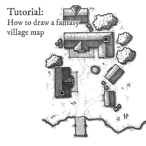 Villages and towns are important places in most fantasy roleplaying games. It’s a place for the adventurers to stock-up on gear before taking off on wilderness or dungeon expeditions, interact with… Fantasy Village Map, City Map Drawing, Fantasy City Map, Fantasy Map Making, Village Map, Fantasy Village, Fantasy Town, Fantasy World Map, Hand Drawn Map