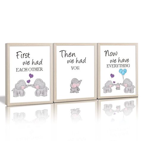 PRICES MAY VARY. ◆PERFECT FOR WALL DECORATION: This cute set of 3 prints featuring adorable animals(father elephant, mother elephant and baby elephant)and inspirational saying (First we had each other, then we had you, now we had everything) which create a warm atmosphere for your family. These cute wall art are perfect for baby rooms, children's bedrooms, living rooms, playrooms or anywhere else. These prints are soft in color, so they will look good on any color surface. ◆A GOOD IDEA FOR GIFT: Baby Elephant Nursery, Nursery Canvas Art, Elephant Wall Decor, Family Love Quotes, Elephant Nursery Decor, Room Cute, Nursery Canvas, Watercolor Elephant