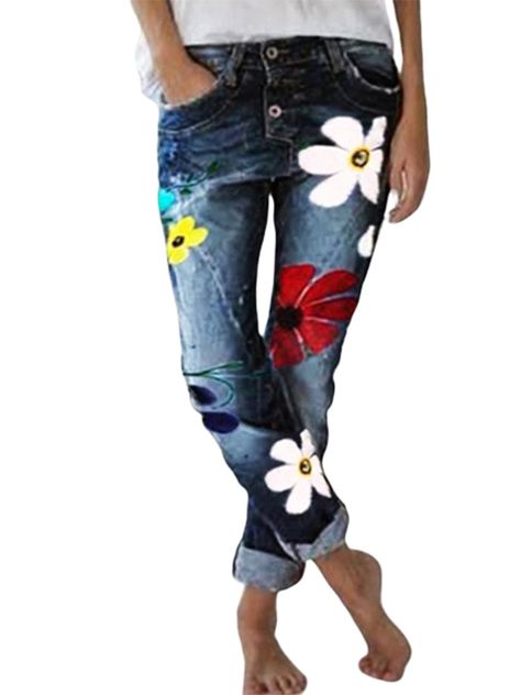 Wonderful Casual Print Flower Pockets Denim For Women - Online - NewChic Mobile Floral Denim Pants, Clothes Print, Printed Denim Jeans, Long Pants Casual, Moda Floral, Women Trousers, Womens Fashion Jeans, Mode Jeans, Painted Jeans