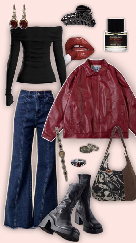 Channel edgy Y2K vibes with this cool fall outfit! A bold red leather jacket paired with flared jeans, platform boots, and a black off-shoulder top creates the ultimate mix of retro and modern. Finish the look with layered jewelry, a printed shoulder bag, and deep red lipstick. Perfect for standing out this autumn while staying on trend with statement accessories and cool layers. Red Leather Jacket Outfit, Outfits With Flares, Red Bag Outfit, Flare Jean Outfit, Edgy Y2k, Y2k Fall Outfits, Black Off Shoulder Top, Y2k Fall, Y2k Vibes