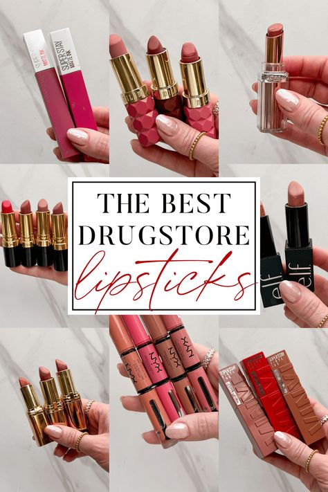 Best Drugstore Lipsticks That Look + Feel High End - so many amazing options and finishes! Lip Gloss For Medium Skin Tone, Best Cheap Lipstick, Fall Lip Color For Blondes, Best Maybelline Lipstick Shades, Popular Lip Products, Fall Lipstick Colors 2024, Drugstore Matte Lipstick, Best Drugstore Red Lipstick, Maybelline Lipstick Shades