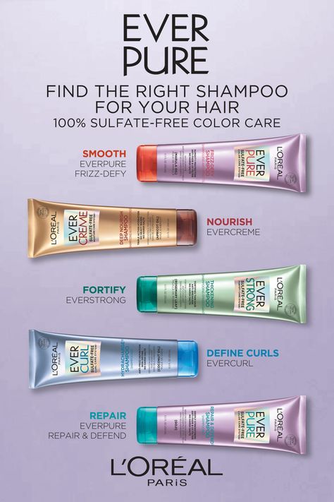 There is an EverPure for every hair need. EverPure Frizz to smooth, EverCreme to nourish, EverStrong to fortify, EverCurl to define curls, EverPure Repair to repair, & more. All 100% sulfate-free. Loreal Ever Pure Shampoo, Hair Care Packaging Design, Loreal Everpure, Long Face Short Hair, Define Curls, Vegan Hair Care, Hair Care Products Professional, Vegan Hair, Cosmetics Photography