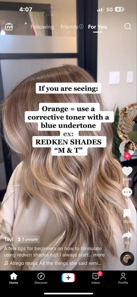 Toner Shades, Tone Orange Hair, Redken Formulas, Hair Stylist Tips, Toner For Blonde Hair, Redken Hair Color, Color Formulas, Redken Hair Products, Colored Hair Tips