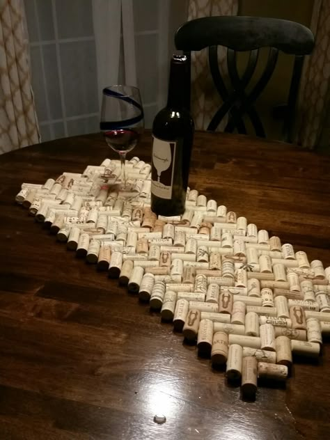 Wine cork table runner Wine Cork Table, Cork Table, Cork Collection, Diy Cork, Wine Cork Projects, Cork Crafts Diy, Wine Cork Ornaments, Wine Cork Diy Crafts, Wine Cork Diy