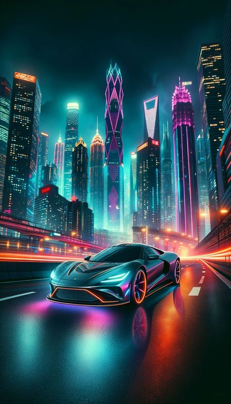 A sleek sports car with neon reflections on its surface, cruising in a city bathed in bright neon lights from towering skyscrapers, tailored for a Car iPhone Wallpaper. Neon Car, Cracked Wallpaper, Car Iphone Wallpaper, Neon City, Wallpaper Earth, Cool Car Pictures, Neon Nights, Futuristic Cars, Top Cars