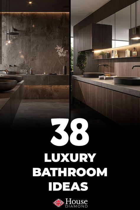 38 Luxury Bathroom Ideas Modern Luxury Bathroom Design Master Bath Apartment, Long Bathroom Vanity Ideas, Cheap Luxury Bathroom Ideas, Dark Luxury Bathroom Master Baths, Elegant Bathroom Lighting, Contemporary Interior Design Bathroom, Dark Cozy Bathroom Ideas, Masculine Spa Bathroom, Unique Bathroom Hardware