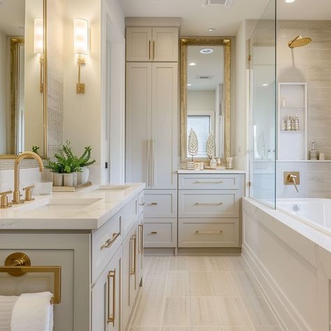 Gold And White Bathrooms, Bathroom Cabinets With Makeup Vanity, Neutral Primary Bathroom, Mid Century Master Bath, Tub Between Two Vanities, Cream Gold Bathroom, Makeup Area In Bathroom, Airy Master Bath, Master Bath Color Scheme