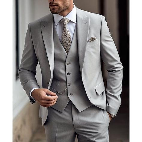 Category:Suits; Embellishment:Pocket; Season:Spring, Fall, Winter, Summer; Fabric:Polyester; Style:Daily,Business; Includes:Jacket,Pants,Vest; Occasion:Wedding; Fit Type:Plus Size; Jacket Buttons:Single Breasted Two-buttons; Jacket Pockets:Straight Flapped; Vest Buttons:4; Pattern:Solid Colored; Neckline:Peak; Listing Date:11/16/2023; Production mode:External procurement; Pant Length:; Pants Waist:; Shoulder Width:; Sleeve Length:; Bust:; Hips:; Clothing Length:; Number of Pieces:3 Piece; Design:Classic Men Tailored Suit, Business Plus Size, Prom For Guys, Prom Suits For Men, Cheap Suits, Suit For Men, The Rising Sun, Fitted Jacket, Prom Suits