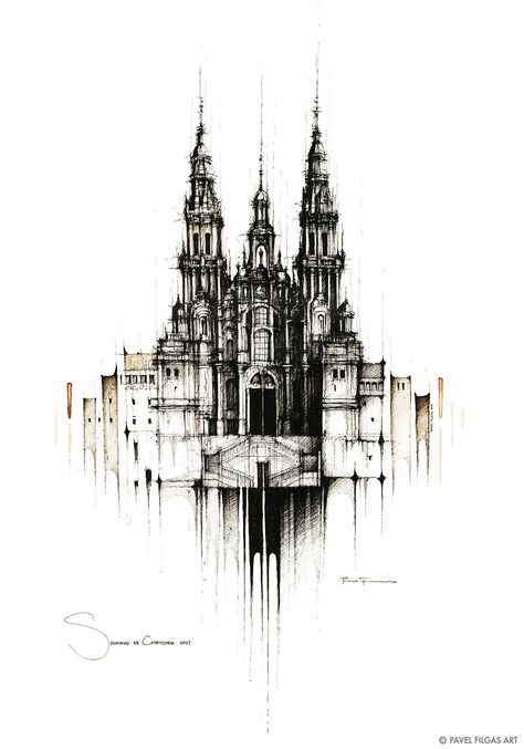 Spain, Santiago de Compostela, Pavel Filgas Art, Original drawing, sketching, ink drawing, painting, architecture, architecture drawing, arch sketch,  traveling, inspiration for traveling, city drawing, handmade creation, design, home decor, style, interior design, Art, Pavel Filgas, Cathedral Tattoo, Painting Architecture, Castle Tattoo, Castle Drawing, Sketches Drawing, Architecture Sketches, Ink Water, Gothic Castle, Gothic Cathedrals