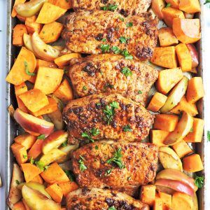 Sheet Pan Honey Glazed Pork Chops with Sweet Potatoes & Apples - Beautiful Eats & Things Pork Chops With Sweet Potatoes, Pork With Apples, Honey Glazed Pork Chops, Sheet Pan Pork, Honey Pork Chops, Honey Pork, Apple Pork Chops, Glazed Pork Chops, Glazed Pork