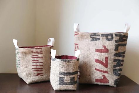 Coffee Burlap Sacks Projects, Coffee Bag Crafts, Recycled Coffee Bags, Coffee Bean Sacks, Burlap Coffee Bags, Coffee Bean Bags, Craft Show Booths, Burlap Ideas, Burlap Projects